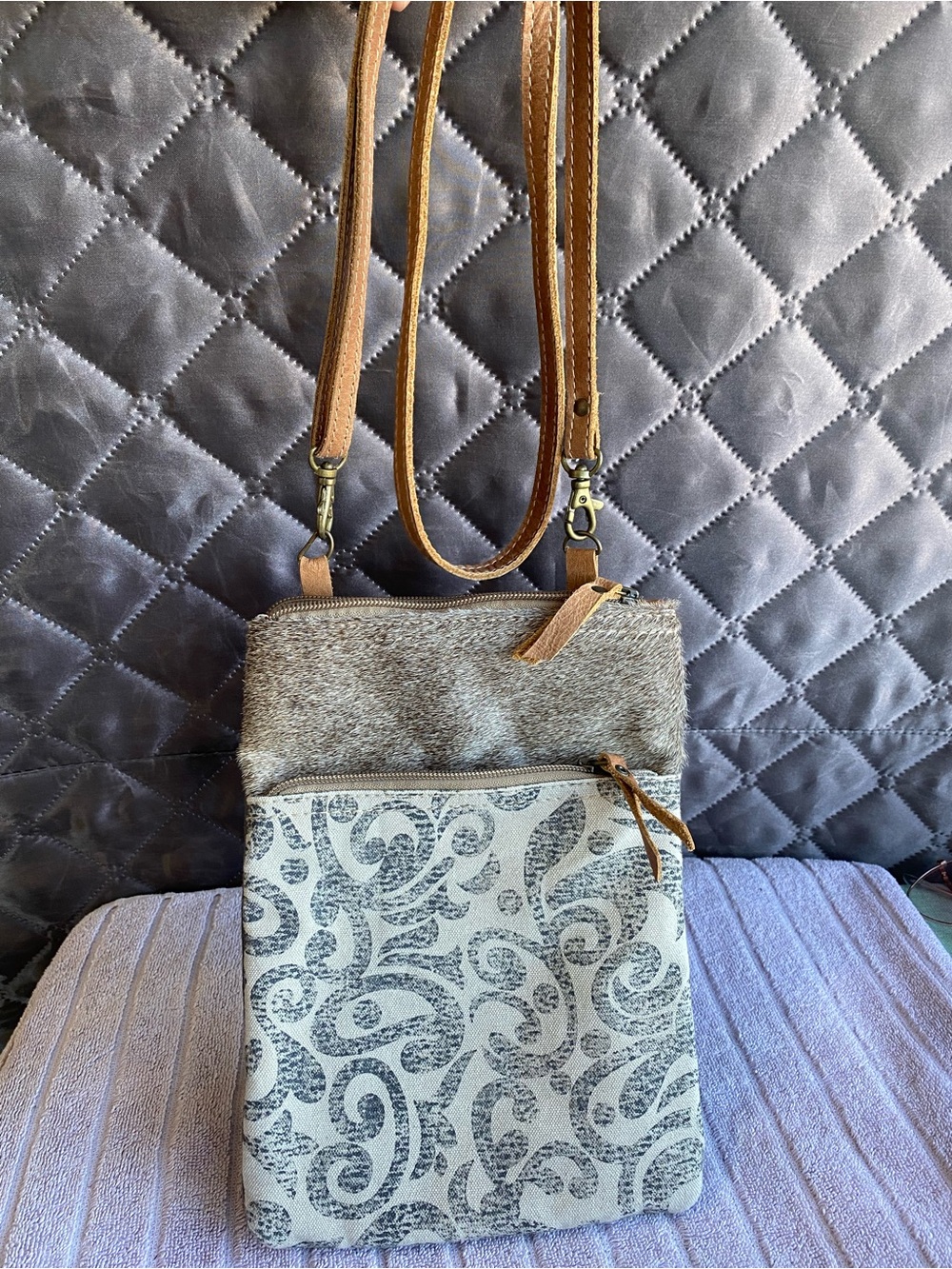 Myra Bag Hair-On Cowhide & Canvas Crossbody Purse - Small Boho Leaf Print